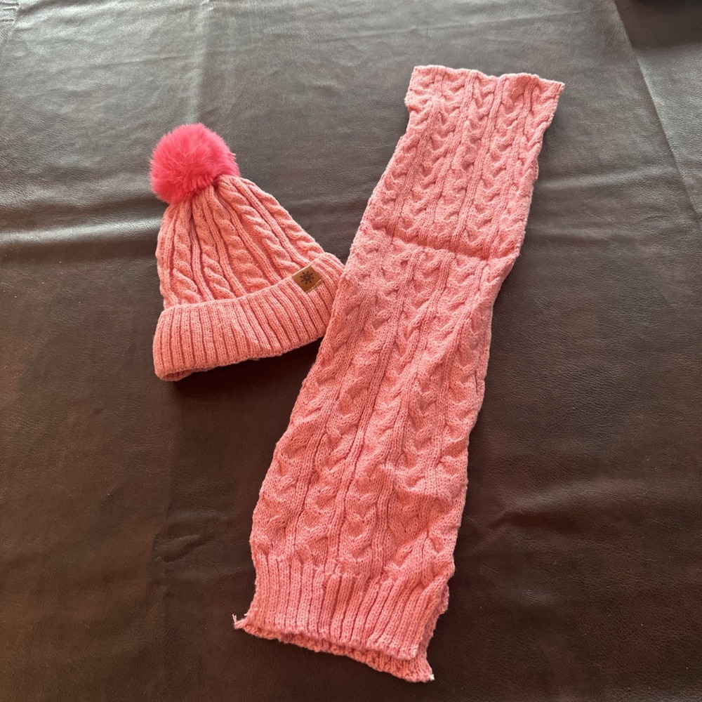 Girls Kids Pink Purple Knit Winter Hat Scarf Set Pom Pom Cable Knit 2 Piece